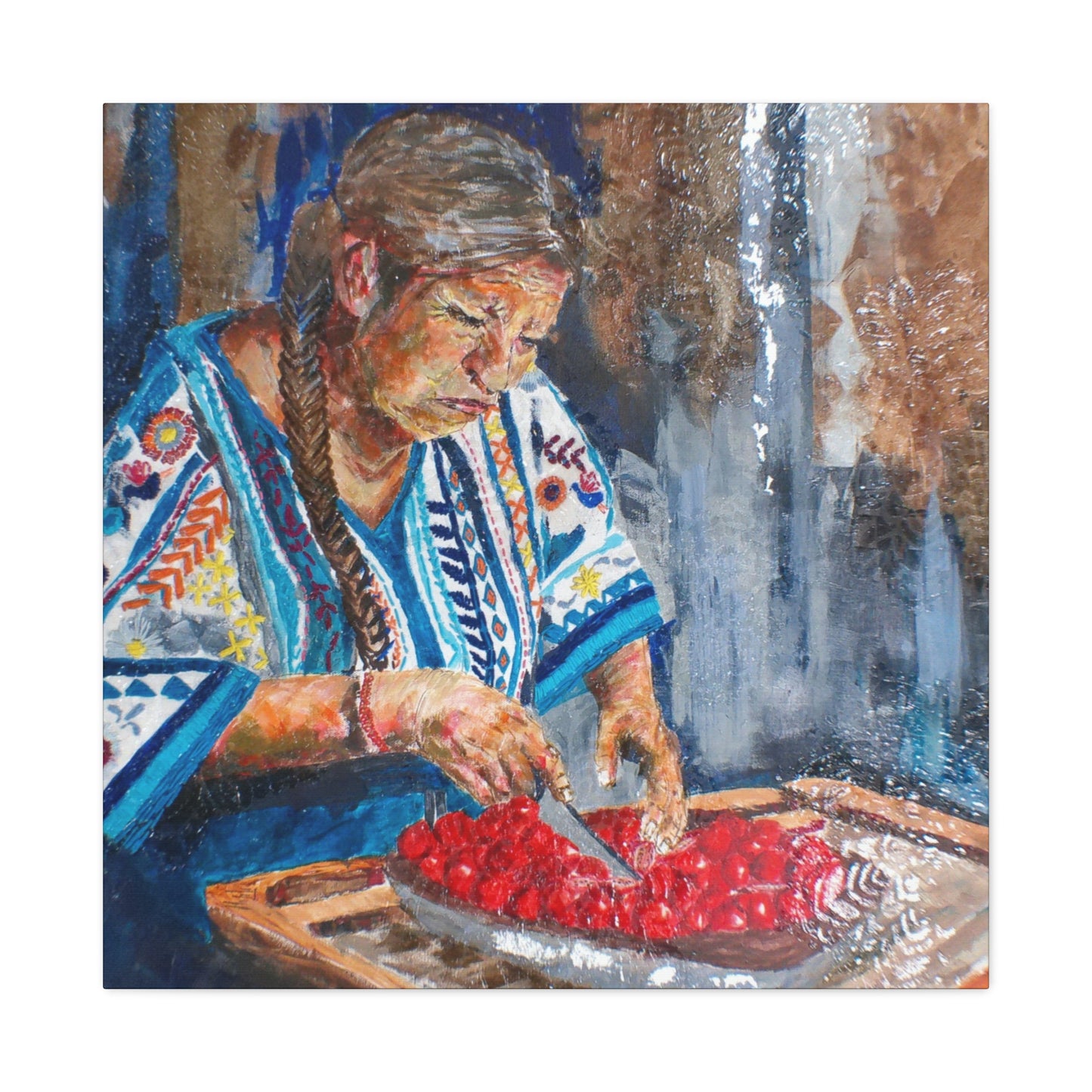 "Abuela's Kitchen" Print on Matte Canvas - Elder Woman Preparing Fruit | Stretched 1.25" Wall Art