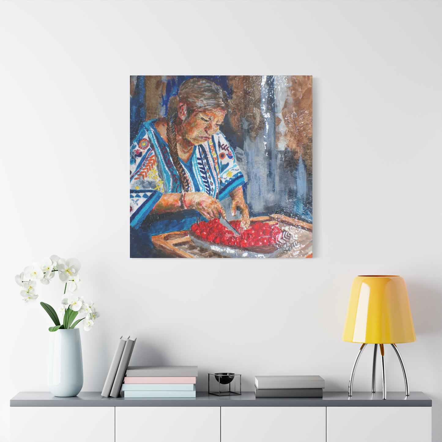 "Abuela's Kitchen" Print on Matte Canvas - Elder Woman Preparing Fruit | Stretched 1.25" Wall Art