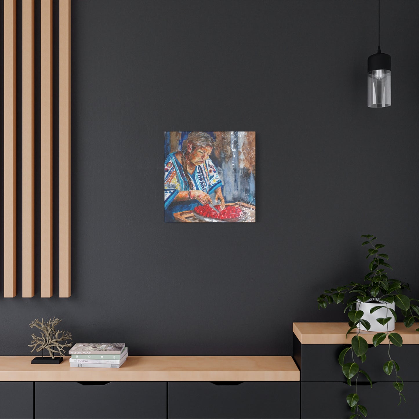"Abuela's Kitchen" Print on Matte Canvas - Elder Woman Preparing Fruit | Stretched 1.25" Wall Art
