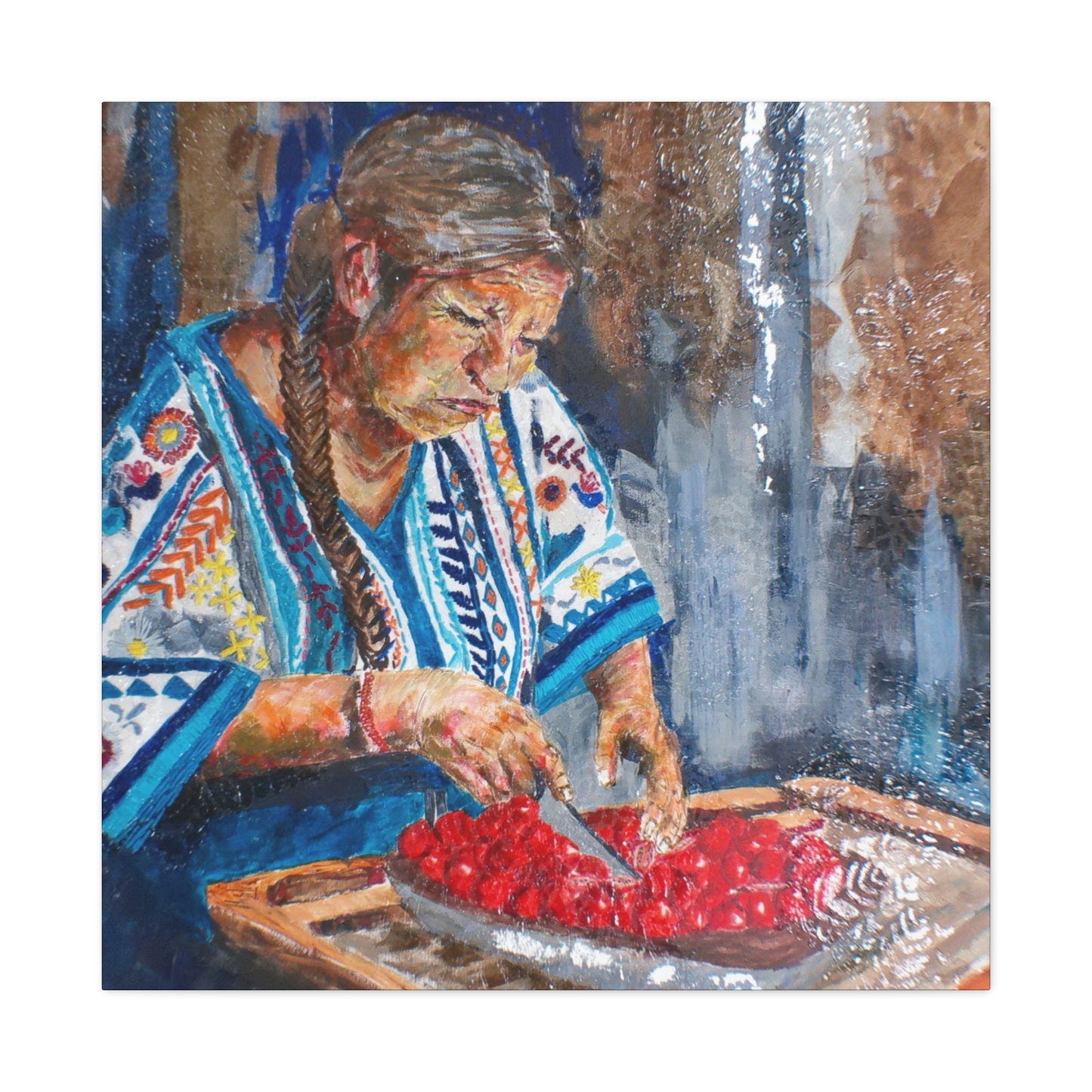 "Abuela's Kitchen" Print on Matte Canvas - Elder Woman Preparing Fruit | Stretched 1.25" Wall Art