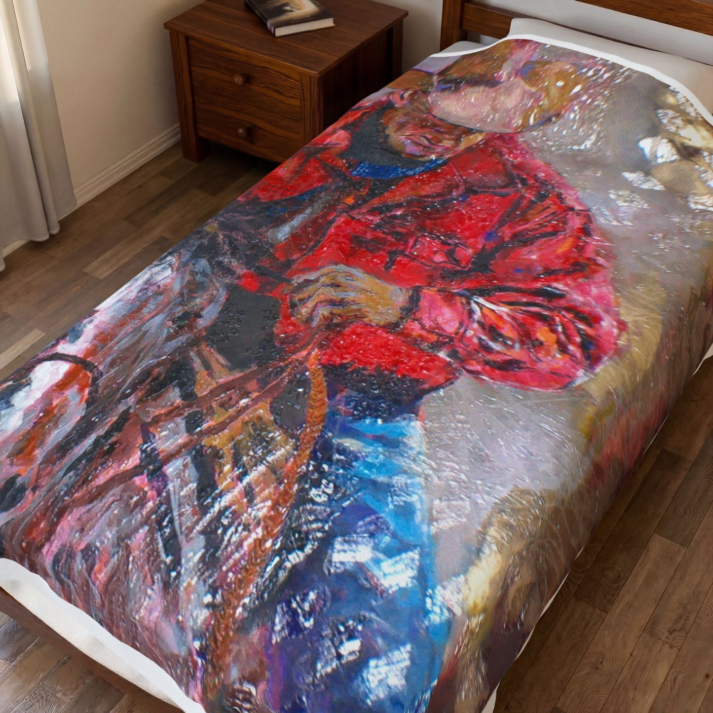 Western Cowboy Art Velveteen Plush Blanket – Vibrant Rodeo Horse & Rider Throw