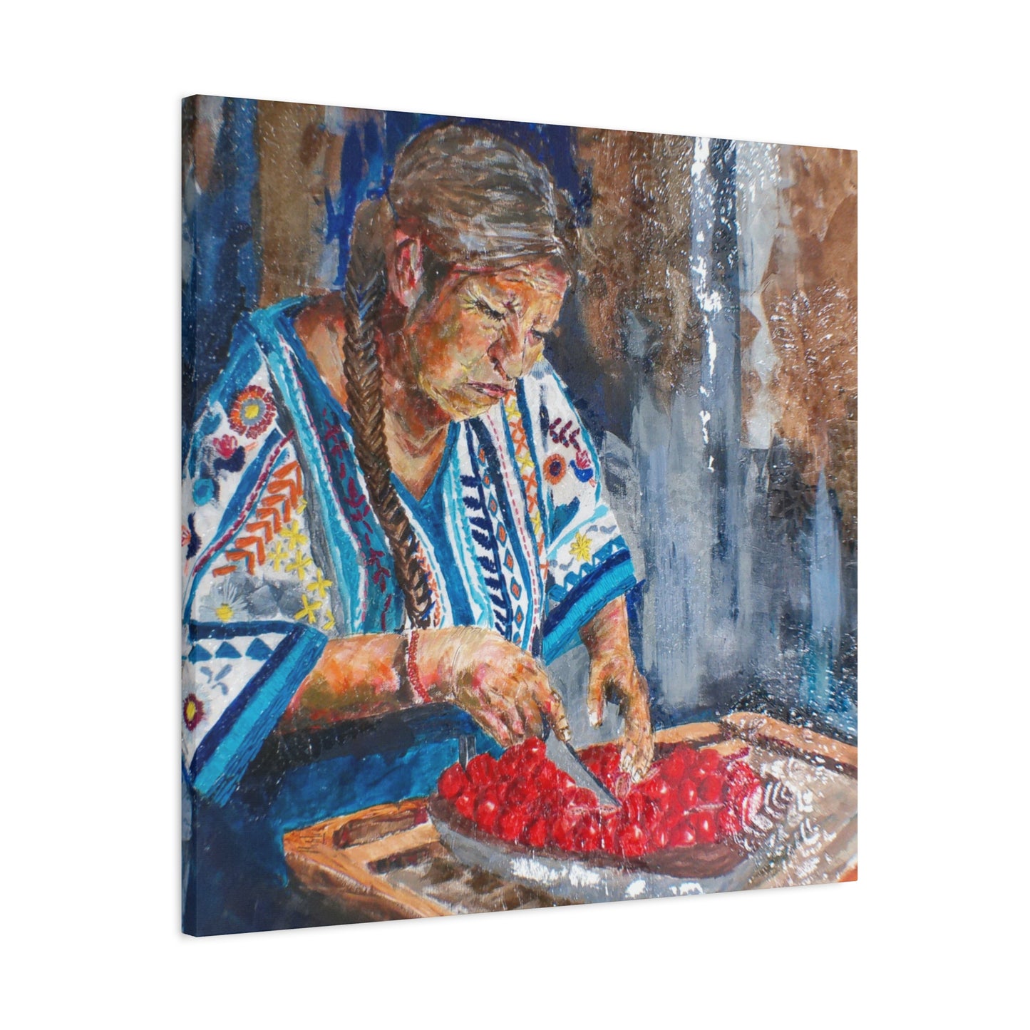 "Abuela's Kitchen" Print on Matte Canvas - Elder Woman Preparing Fruit | Stretched 1.25" Wall Art