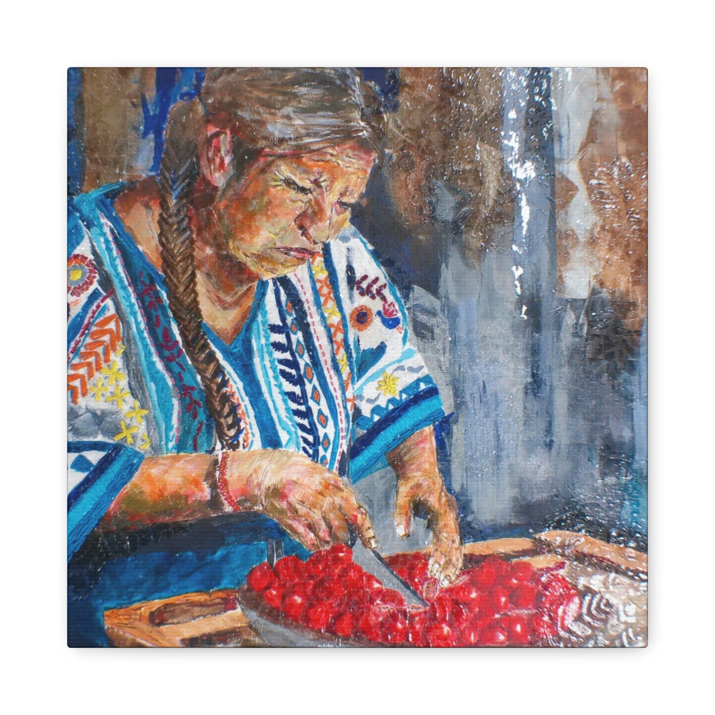 "Abuela's Kitchen" Print on Matte Canvas - Elder Woman Preparing Fruit | Stretched 1.25" Wall Art