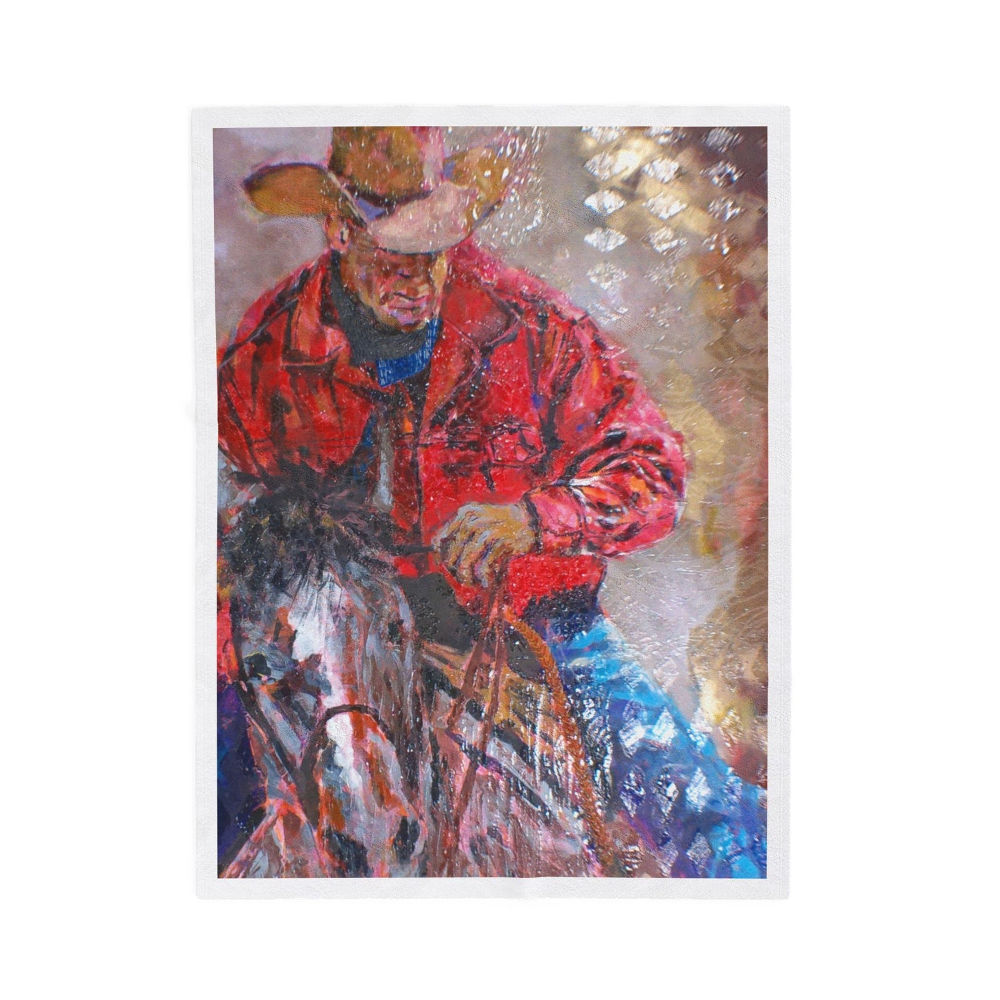 Western Cowboy Art Velveteen Plush Blanket – Vibrant Rodeo Horse & Rider Throw