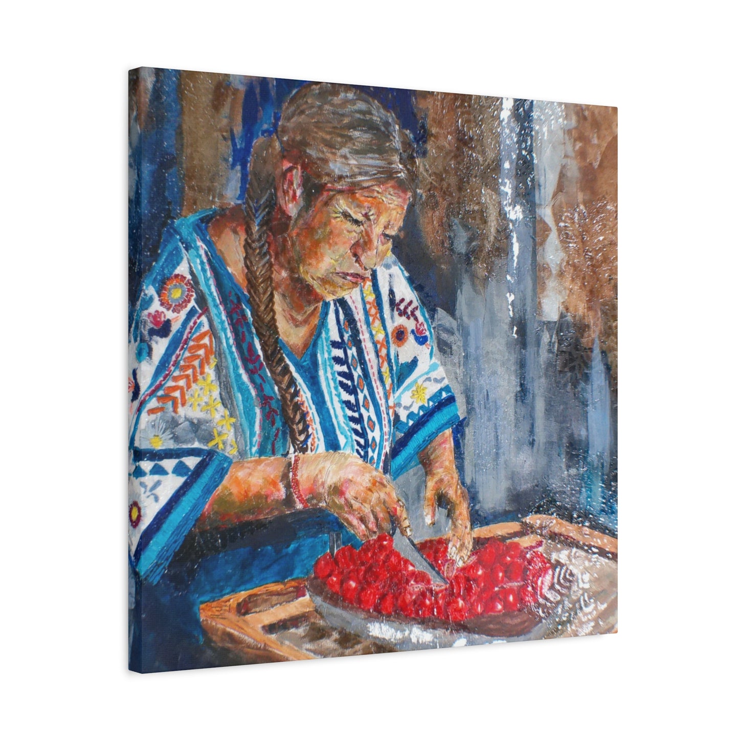"Abuela's Kitchen" Print on Matte Canvas - Elder Woman Preparing Fruit | Stretched 1.25" Wall Art