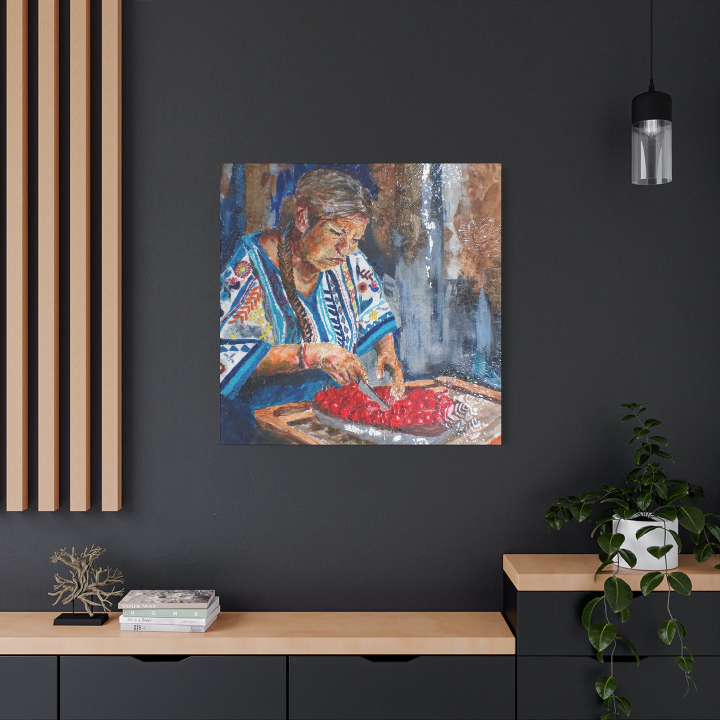 "Abuela's Kitchen" Print on Matte Canvas - Elder Woman Preparing Fruit | Stretched 1.25" Wall Art