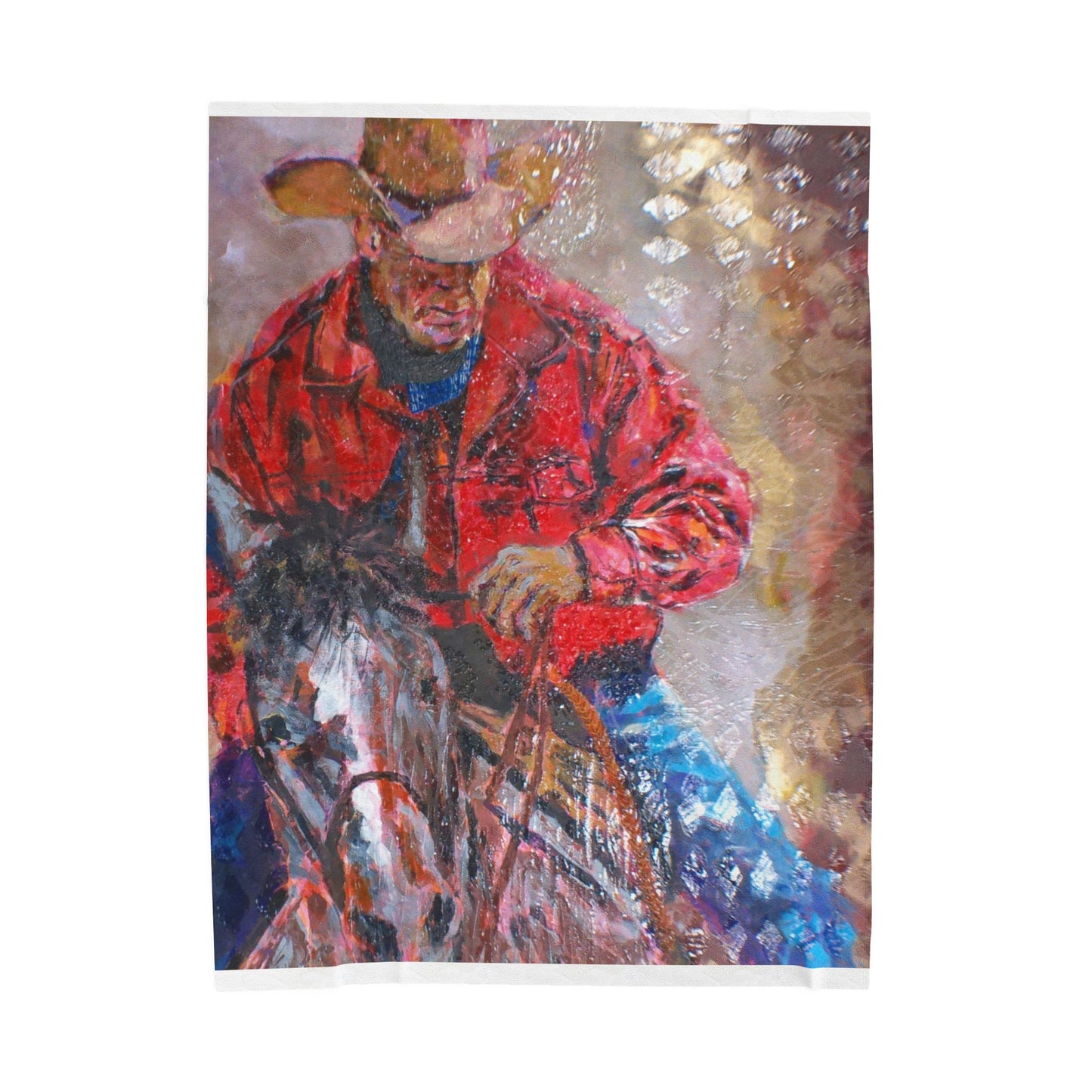 Western Cowboy Art Velveteen Plush Blanket – Vibrant Rodeo Horse & Rider Throw