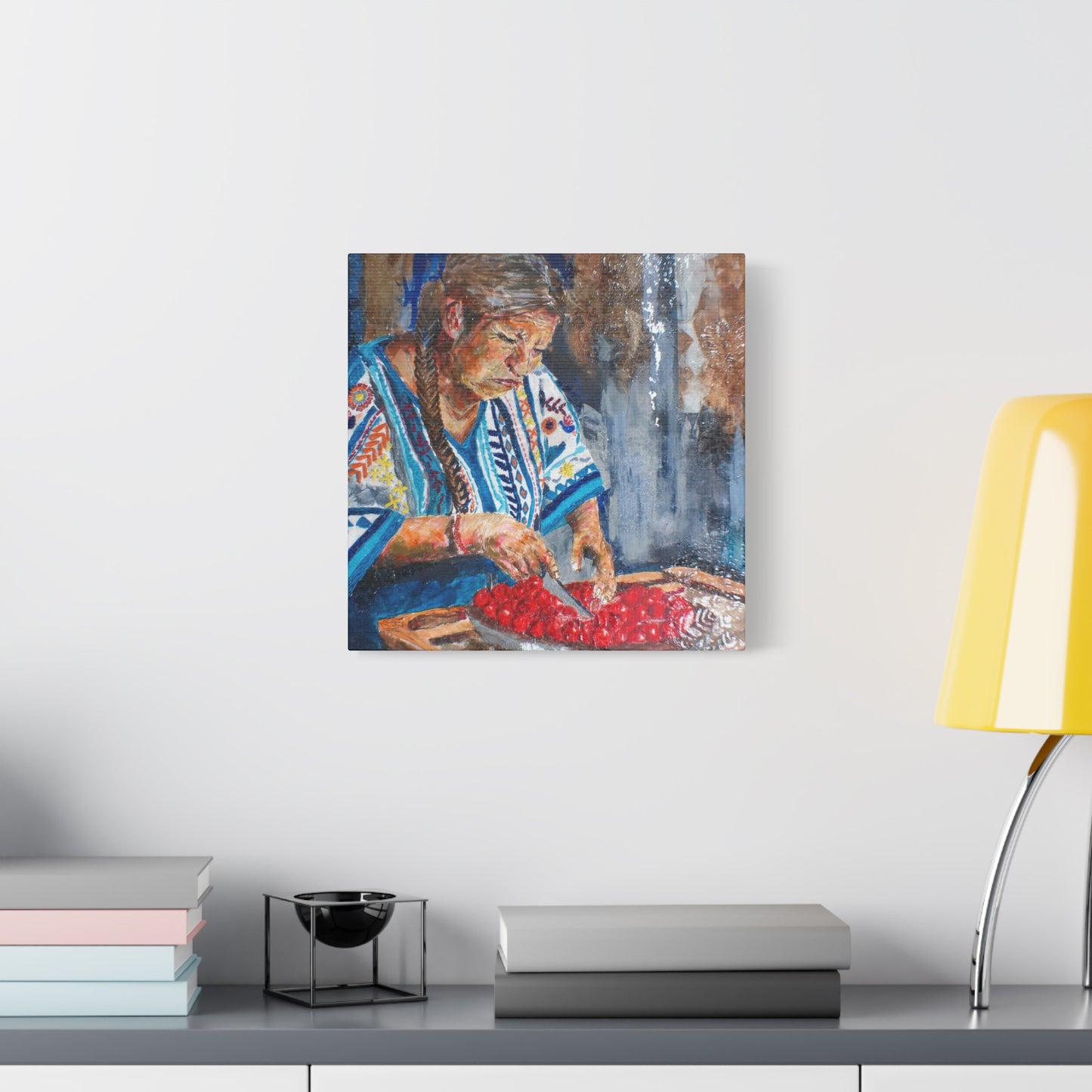 "Abuela's Kitchen" Print on Matte Canvas - Elder Woman Preparing Fruit | Stretched 1.25" Wall Art