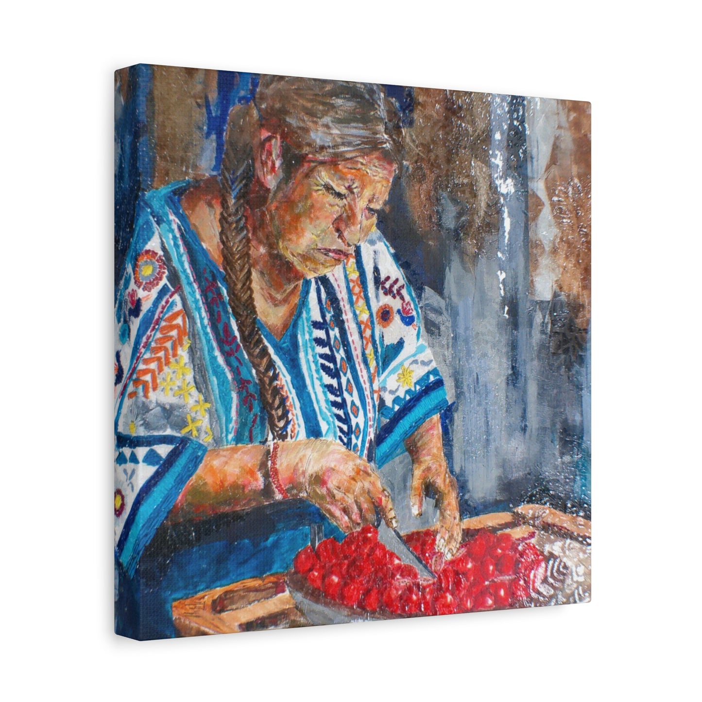 "Abuela's Kitchen" Print on Matte Canvas - Elder Woman Preparing Fruit | Stretched 1.25" Wall Art