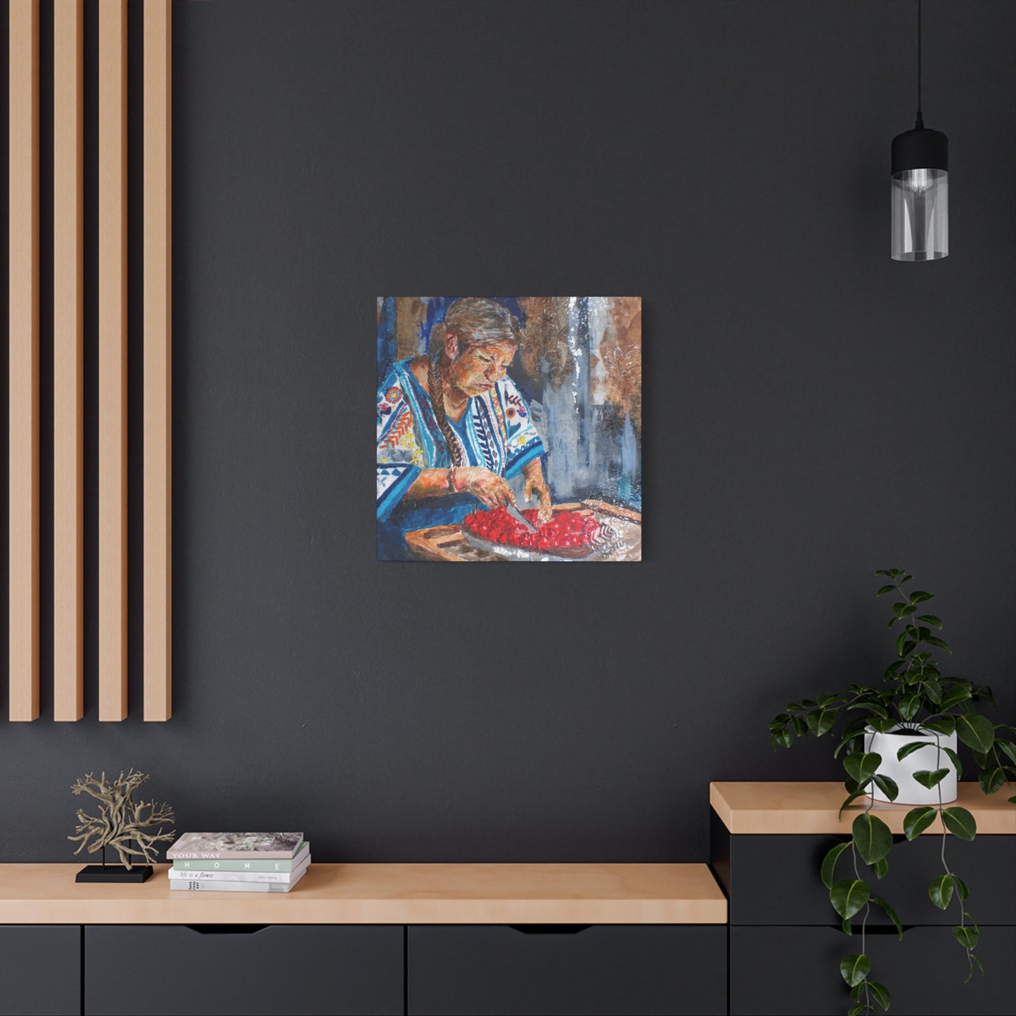 "Abuela's Kitchen" Print on Matte Canvas - Elder Woman Preparing Fruit | Stretched 1.25" Wall Art