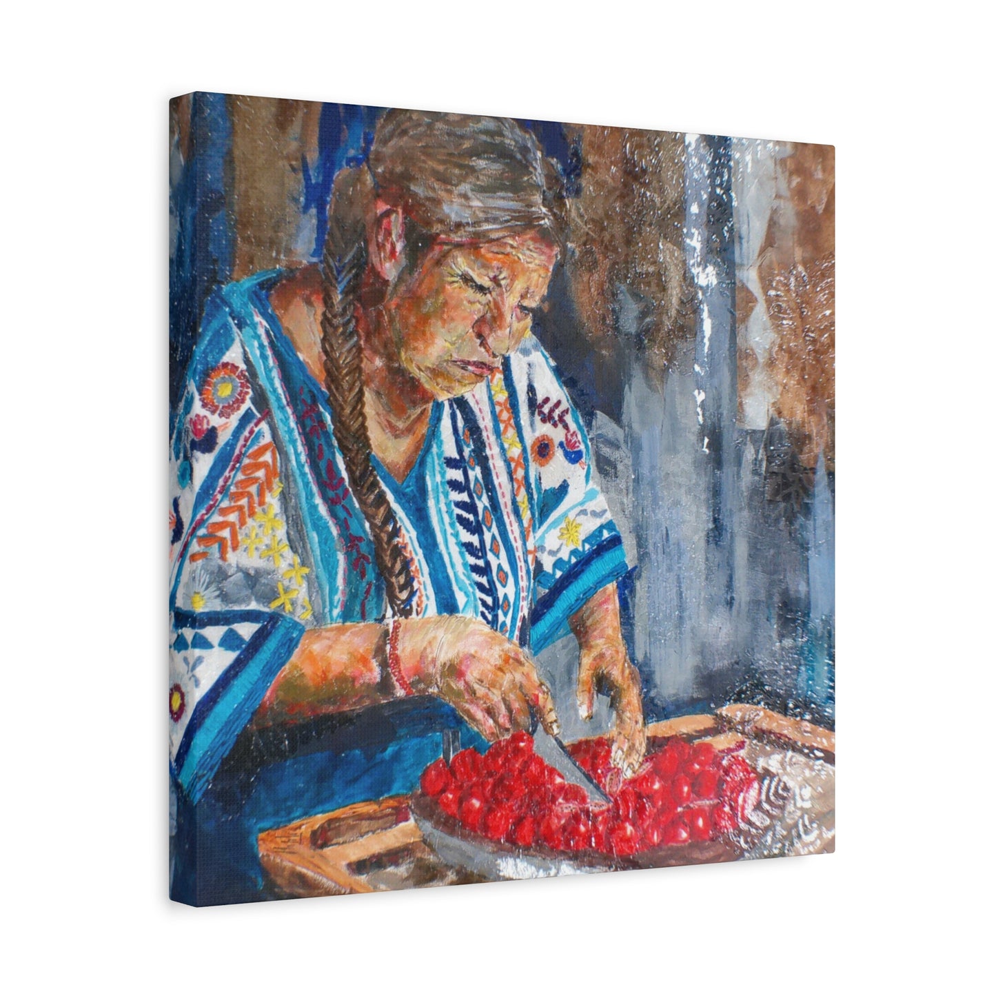"Abuela's Kitchen" Print on Matte Canvas - Elder Woman Preparing Fruit | Stretched 1.25" Wall Art