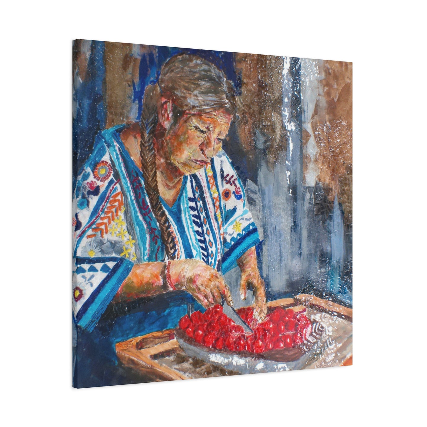 "Abuela's Kitchen" Print on Matte Canvas - Elder Woman Preparing Fruit | Stretched 1.25" Wall Art