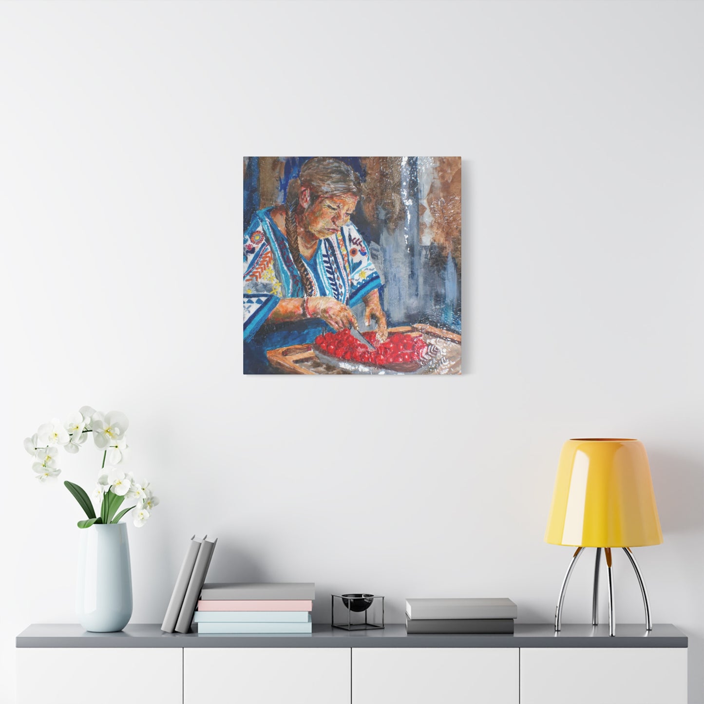 "Abuela's Kitchen" Print on Matte Canvas - Elder Woman Preparing Fruit | Stretched 1.25" Wall Art