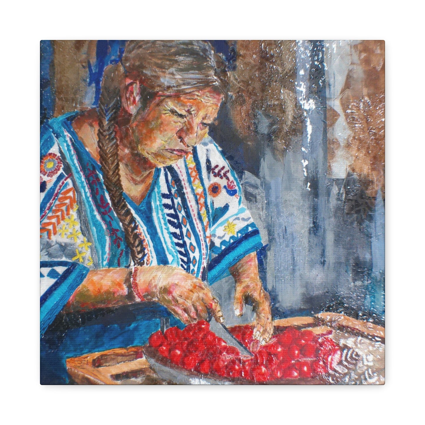 "Abuela's Kitchen" Print on Matte Canvas - Elder Woman Preparing Fruit | Stretched 1.25" Wall Art