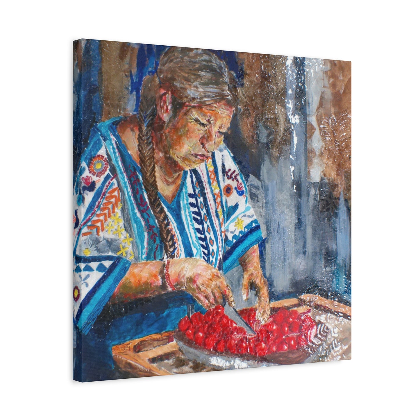 "Abuela's Kitchen" Print on Matte Canvas - Elder Woman Preparing Fruit | Stretched 1.25" Wall Art