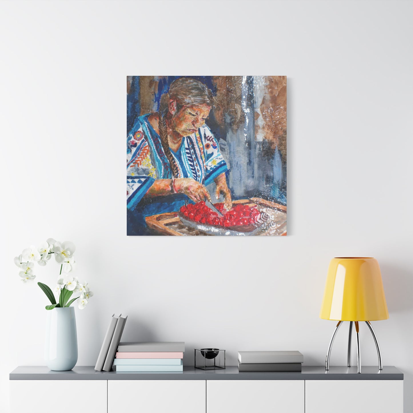 "Abuela's Kitchen" Print on Matte Canvas - Elder Woman Preparing Fruit | Stretched 1.25" Wall Art