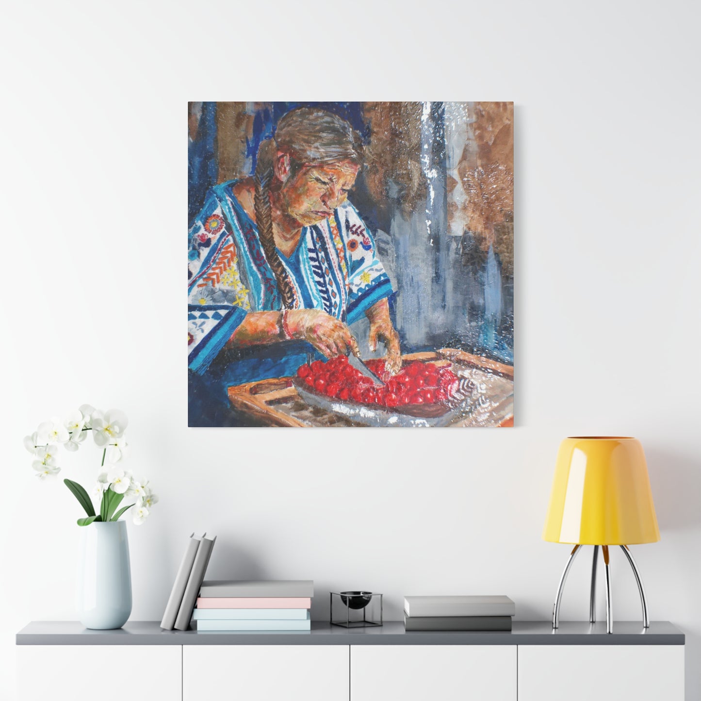 "Abuela's Kitchen" Print on Matte Canvas - Elder Woman Preparing Fruit | Stretched 1.25" Wall Art
