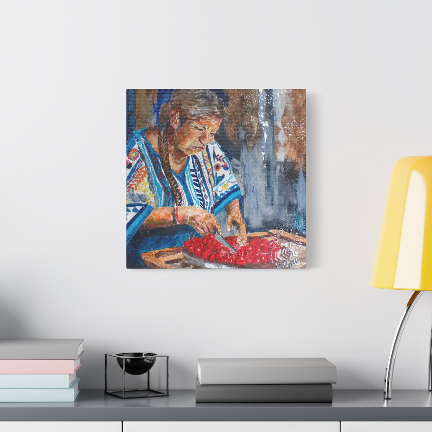 "Abuela's Kitchen" Print on Matte Canvas - Elder Woman Preparing Fruit | Stretched 1.25" Wall Art
