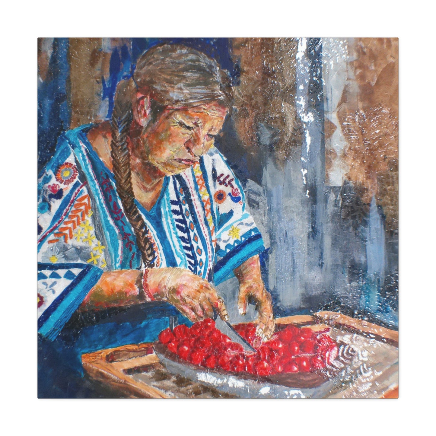 "Abuela's Kitchen" Print on Matte Canvas - Elder Woman Preparing Fruit | Stretched 1.25" Wall Art