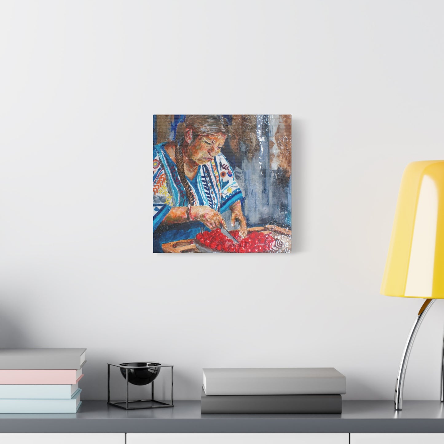 "Abuela's Kitchen" Print on Matte Canvas - Elder Woman Preparing Fruit | Stretched 1.25" Wall Art
