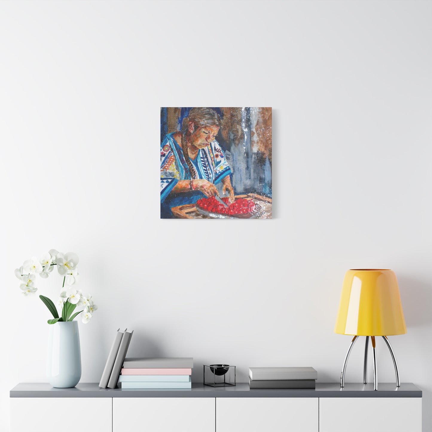 "Abuela's Kitchen" Print on Matte Canvas - Elder Woman Preparing Fruit | Stretched 1.25" Wall Art