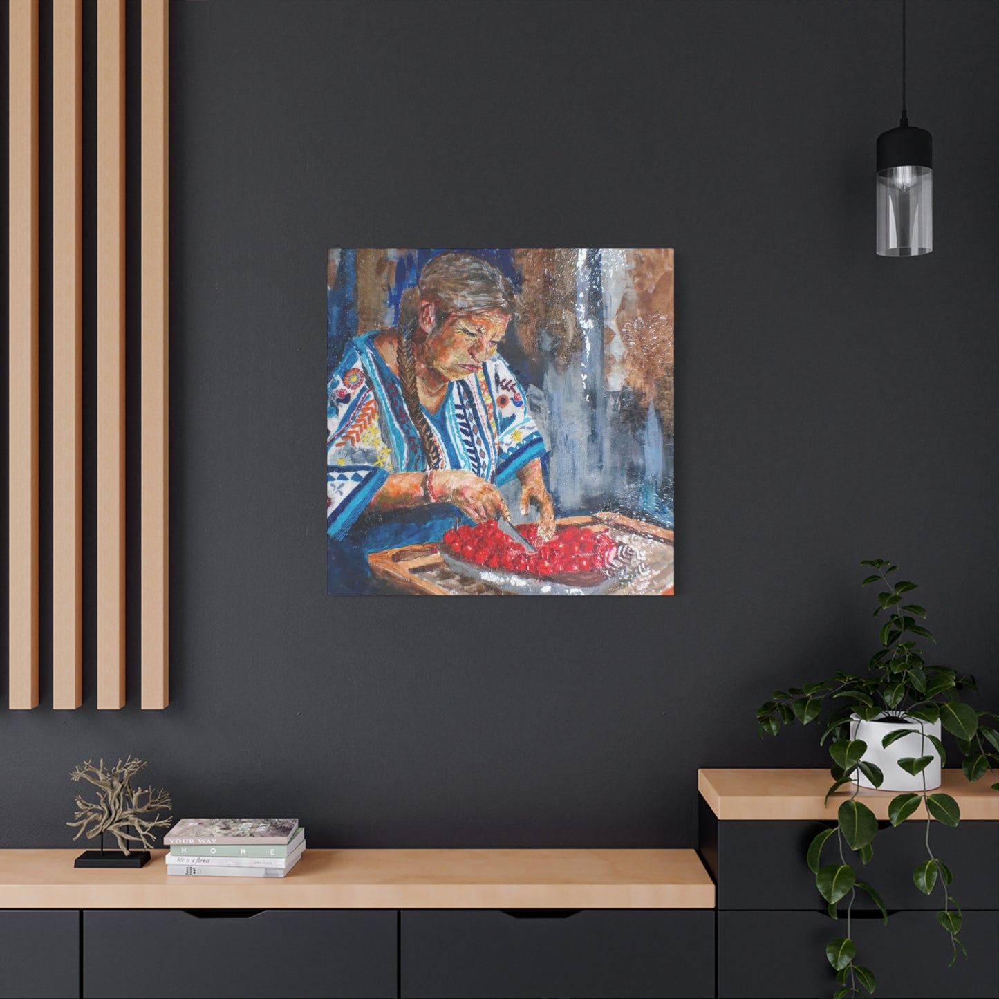 "Abuela's Kitchen" Print on Matte Canvas - Elder Woman Preparing Fruit | Stretched 1.25" Wall Art