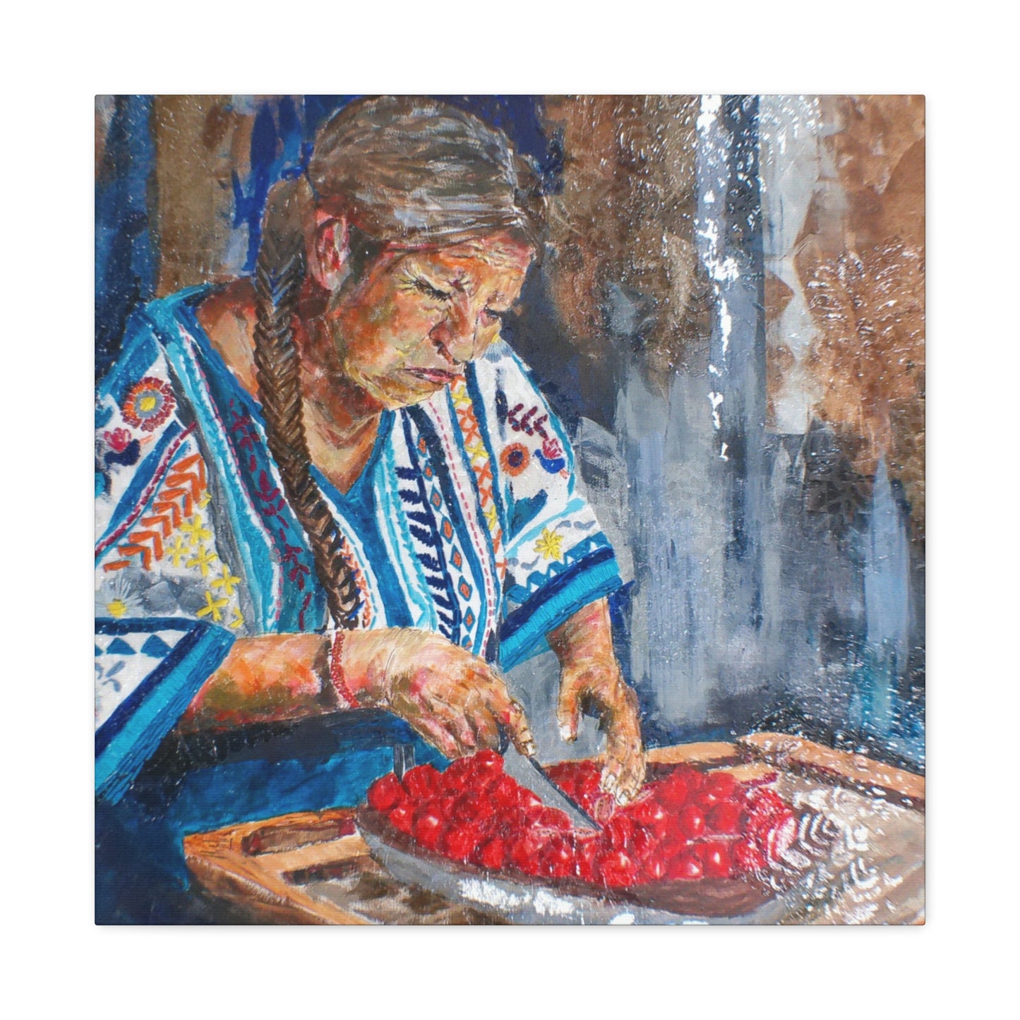"Abuela's Kitchen" Print on Matte Canvas - Elder Woman Preparing Fruit | Stretched 1.25" Wall Art
