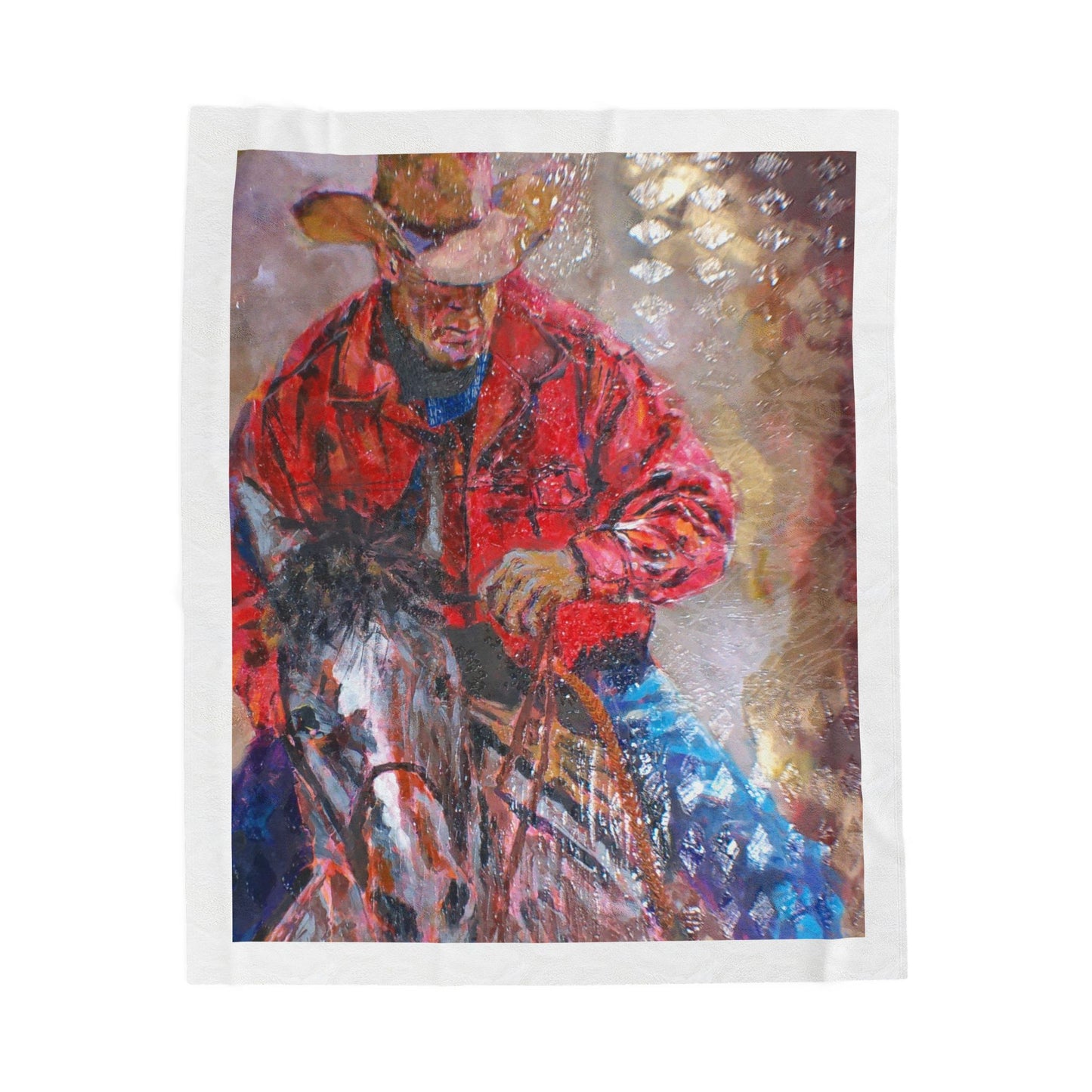Western Cowboy Art Velveteen Plush Blanket – Vibrant Rodeo Horse & Rider Throw