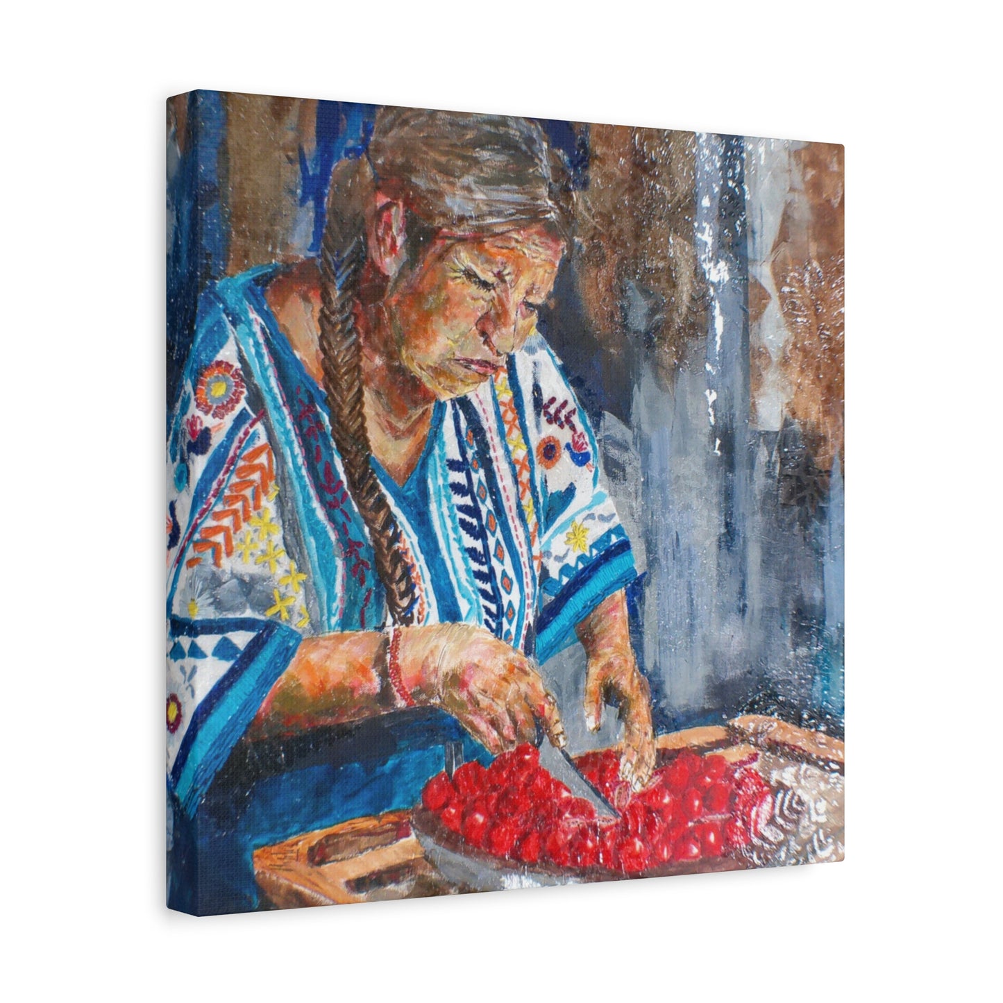 "Abuela's Kitchen" Print on Matte Canvas - Elder Woman Preparing Fruit | Stretched 1.25" Wall Art