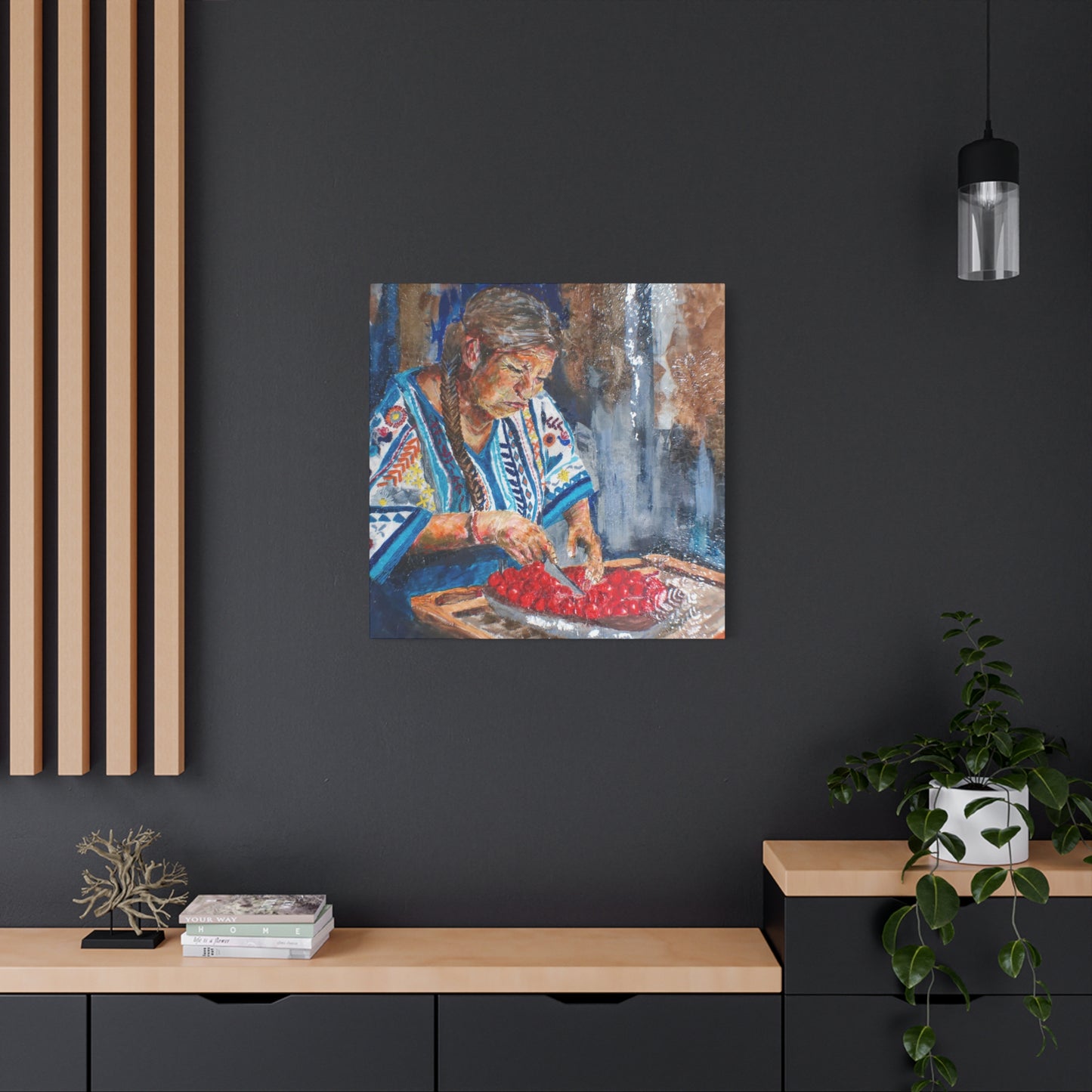 "Abuela's Kitchen" Print on Matte Canvas - Elder Woman Preparing Fruit | Stretched 1.25" Wall Art