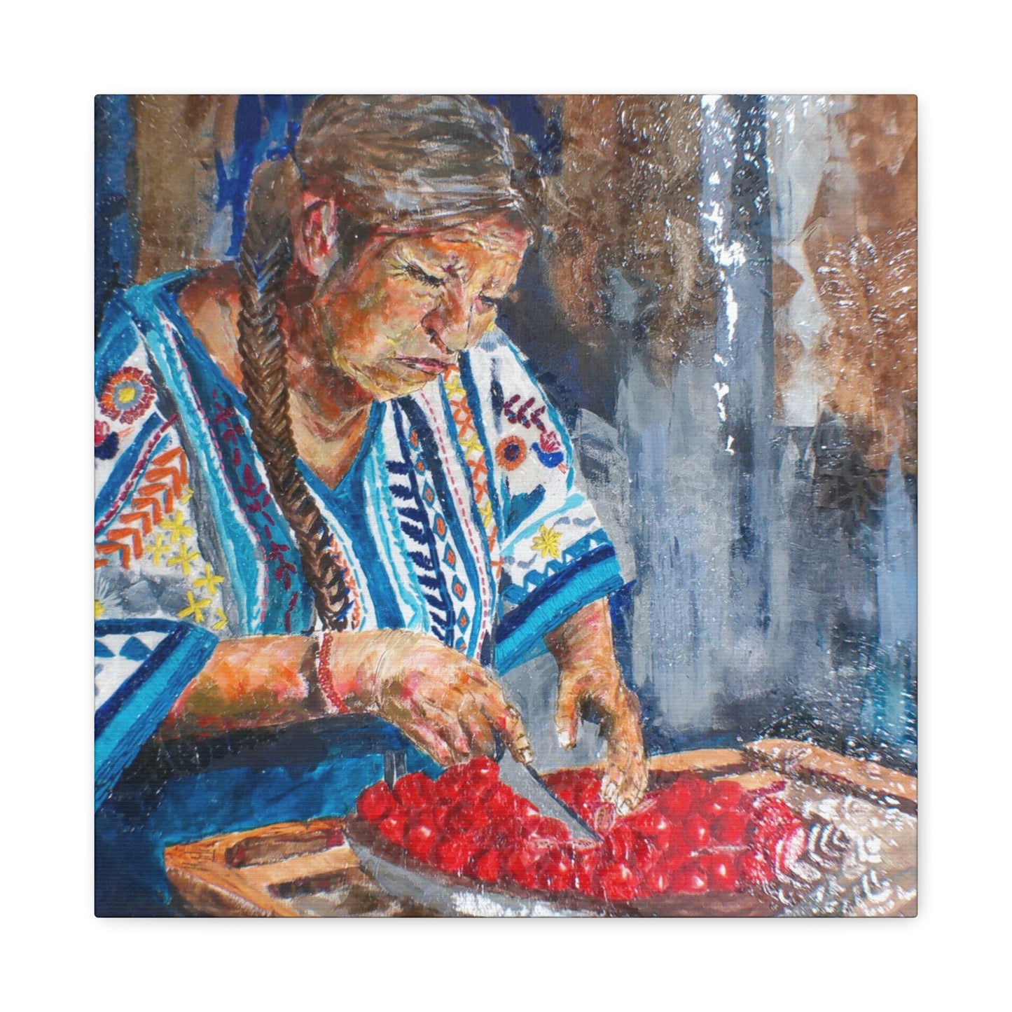 "Abuela's Kitchen" Print on Matte Canvas - Elder Woman Preparing Fruit | Stretched 1.25" Wall Art